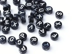 200 perles rondes en plastique - lettres alphabet - noir et blanc - 7 mm