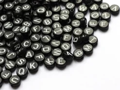 200 perles rondes en plastique - lettres alphabet - noir et blanc - 7 mm