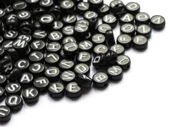 200 perles rondes en plastique - lettres alphabet - noir et blanc - 7 mm