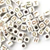 200 mini perles carrées - cubes en plastique - lettres alphabet - blanc et doré - 4,5 mm