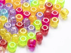 100 perles en plastique basiques pour enfants - pony beads - multicolores à paillettes