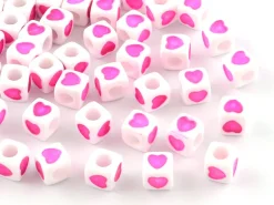 20 perles en plastique cubes symbole coeur - rose flashy - 7 mm