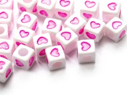 20 perles en plastique cubes symbole coeur - rose flashy - 7 mm
