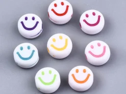 20 perles en plastique rondes symbole sourire - blanc et multicolore - 10 mm