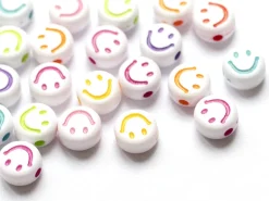 20 perles en plastique rondes symbole sourire - blanc et multicolore - 10 mm
