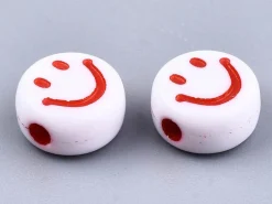 20 perles en plastique rondes symbole sourire - blanc et multicolore - 10 mm