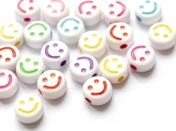 20 perles en plastique rondes symbole sourire - blanc et multicolore - 10 mm