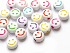 20 perles en plastique rondes symbole sourire - blanc et multicolore - 7 mm