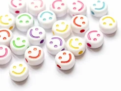 20 perles en plastique rondes symbole sourire - blanc et multicolore - 7 mm