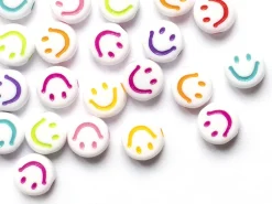 20 perles en plastique rondes symbole sourire - blanc et multicolore - 7 mm