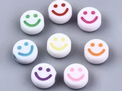 20 perles en plastique rondes symbole sourire - blanc et multicolore - 7 mm