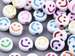 20 perles en plastique rondes symbole sourire - blanc et multicolore - 7 mm