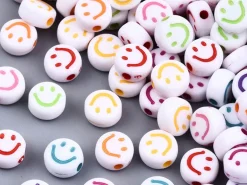 20 perles en plastique rondes symbole sourire - blanc et multicolore - 7 mm