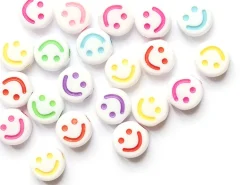 20 perles en plastique rondes symbole sourire - blanc et multicolore - 7 mm