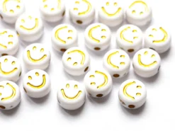 20 perles en plastique rondes symbole sourire - blanc et doré - 7 mm