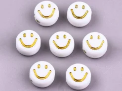 20 perles en plastique rondes symbole sourire - blanc et doré - 7 mm