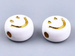 20 perles en plastique rondes symbole sourire - blanc et doré - 7 mm