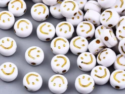 20 perles en plastique rondes symbole sourire - blanc et doré - 7 mm