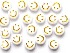 20 perles en plastique rondes symbole sourire - blanc et doré - 7 mm