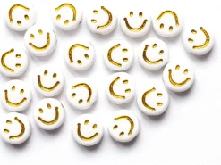 20 perles en plastique rondes symbole sourire - blanc et doré - 7 mm