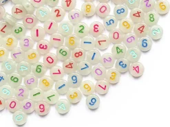 200 perles rondes en plastique - chiffres et numéros - phosphorescent et multicolore - 7 mm