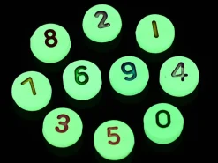 200 perles rondes en plastique - chiffres et numéros - phosphorescent et multicolore - 7 mm