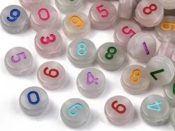 200 perles rondes en plastique - chiffres et numéros - phosphorescent et multicolore - 7 mm