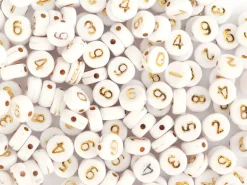 200 perles rondes en plastique - chiffres - blanches et dorées