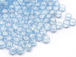 200 perles rondes en plastique - lettres alphabet - bleu claur transparent - 7 mm