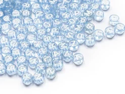 200 perles rondes en plastique - lettres alphabet - bleu claur transparent - 7 mm