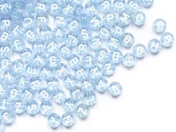 200 perles rondes en plastique - lettres alphabet - bleu claur transparent - 7 mm
