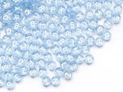 200 perles rondes en plastique - lettres alphabet - bleu claur transparent - 7 mm