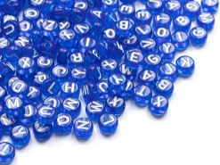 200 perles rondes en plastique - lettres alphabet - bleu roi transparent - 7 mm