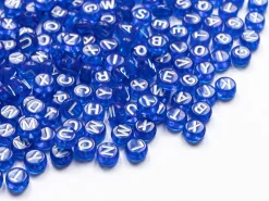 200 perles rondes en plastique - lettres alphabet - bleu roi transparent - 7 mm