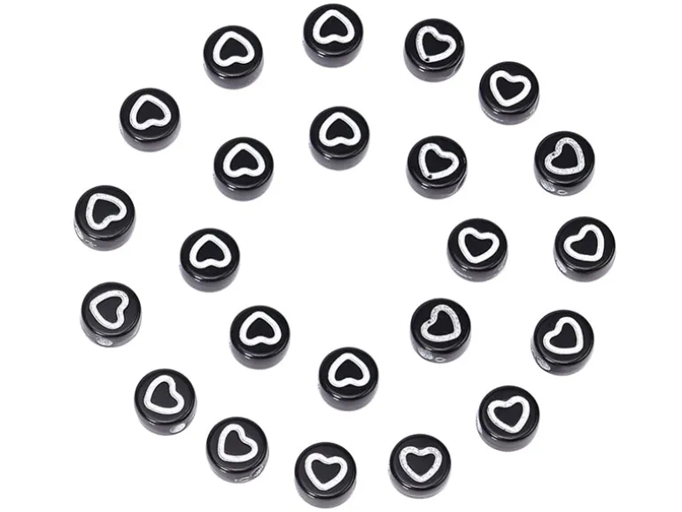 20 perles rondes en plastique - cœurs - noir et blanc
