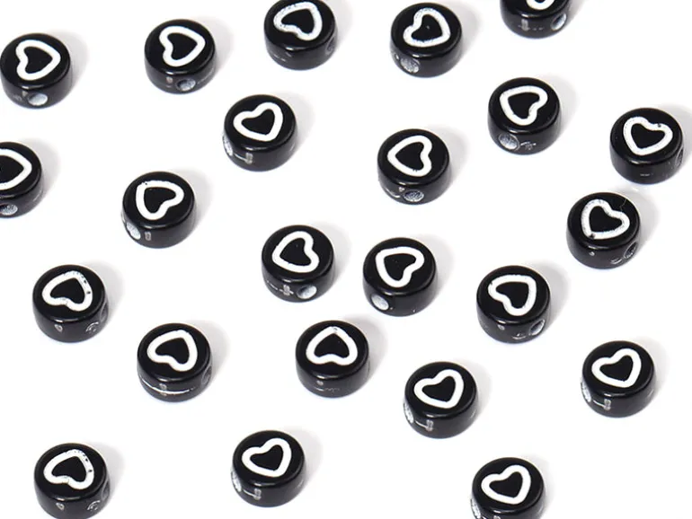 20 perles rondes en plastique - cœurs - noir et blanc