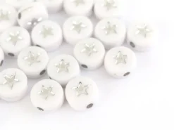 20 perles rondes en plastique - étoiles - argenté et blanc