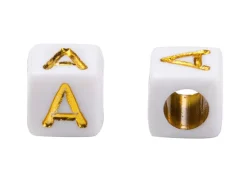 Boite de 934 perles carrées en plastique - lettres alphabet - dorées et blanches