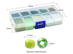 Boite de perles de rocailles - 10 Nuances Vertes- 2,5mm - 8500 pcs