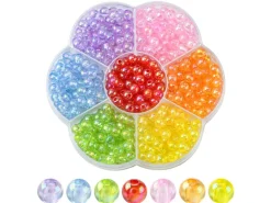 Boîte de 490 perles rondes transparentes en acrylique - 7 couleurs - 6 mm