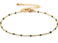 Bracelet chaînette émaillée à petits points noirs - 18,5 cm - doré à l'or fin 18K
