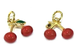 Breloque cerises émaillées en laiton plaqué or 18 K – Duo fruité pour créations DIY