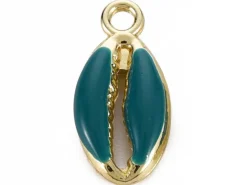 Breloque émaillée et dorée - Coquillage cauri bleu pétrole - 17 x 8,5 mm