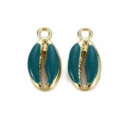 Breloque émaillée et dorée - Coquillage cauri bleu pétrole - 17 x 8,5 mm
