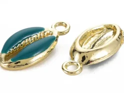 Breloque émaillée et dorée - Coquillage cauri bleu pétrole - 17 x 8,5 mm
