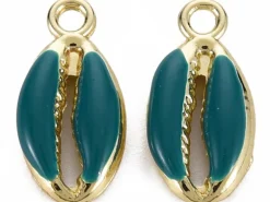 Breloque émaillée et dorée - Coquillage cauri bleu pétrole - 17 x 8,5 mm