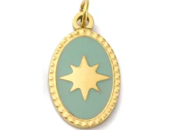 Breloque ovale vert océan avec étoile - doré or fin 18K