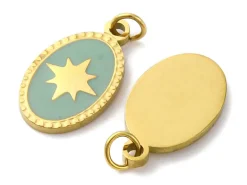 Breloque ovale vert océan avec étoile - doré or fin 18K