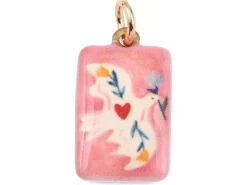 Breloque rectangle rose oiseau - laiton doré clair