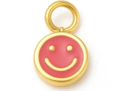 Breloque visage souriant en émail cerise sur acier inoxydable 304 plaqué or 14K
